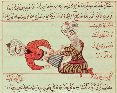 Ms Sup Turc 693 fol.95 Chirurgische punctie van de buikholte voor de aspiratie van peritoneale vloeistof met een canule bij een patiënt met waterzucht, 1466 door Charaf ed Din